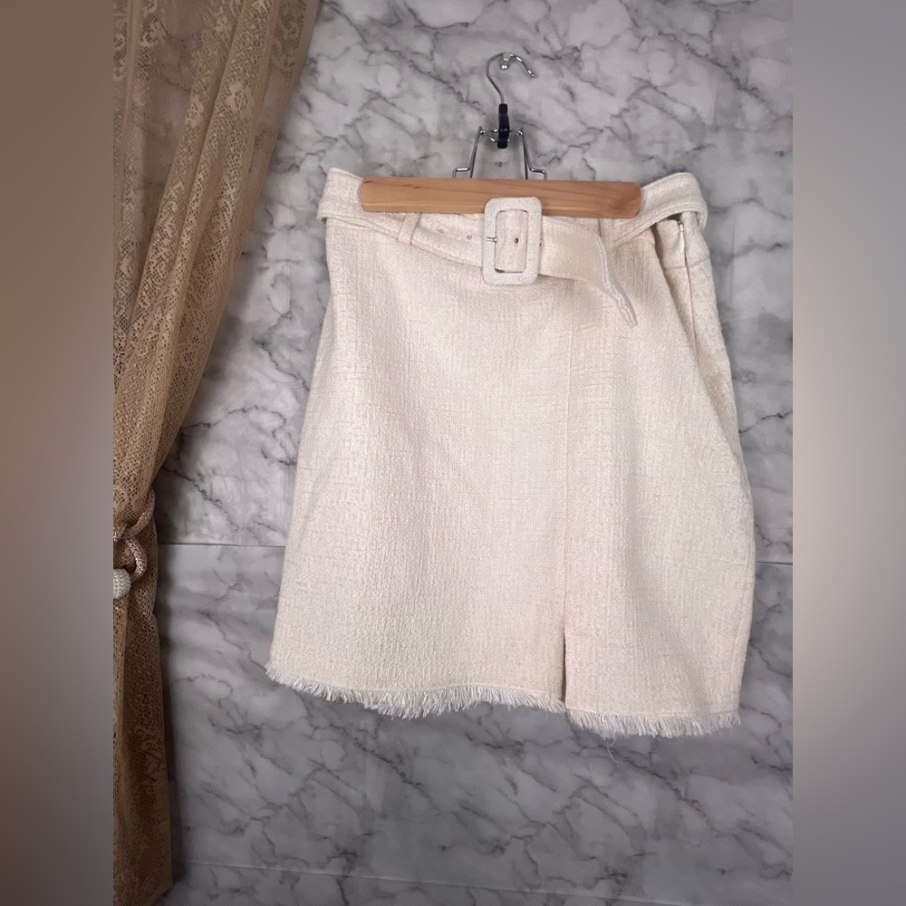 Ivory Sparkle Chunky Belt Fray Hem Slit Coquette Garden Party Holiday Skirt 6